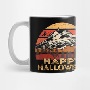 UFO Witch at the Tree Line Retro Sunset Happy Halloween Premium Mug